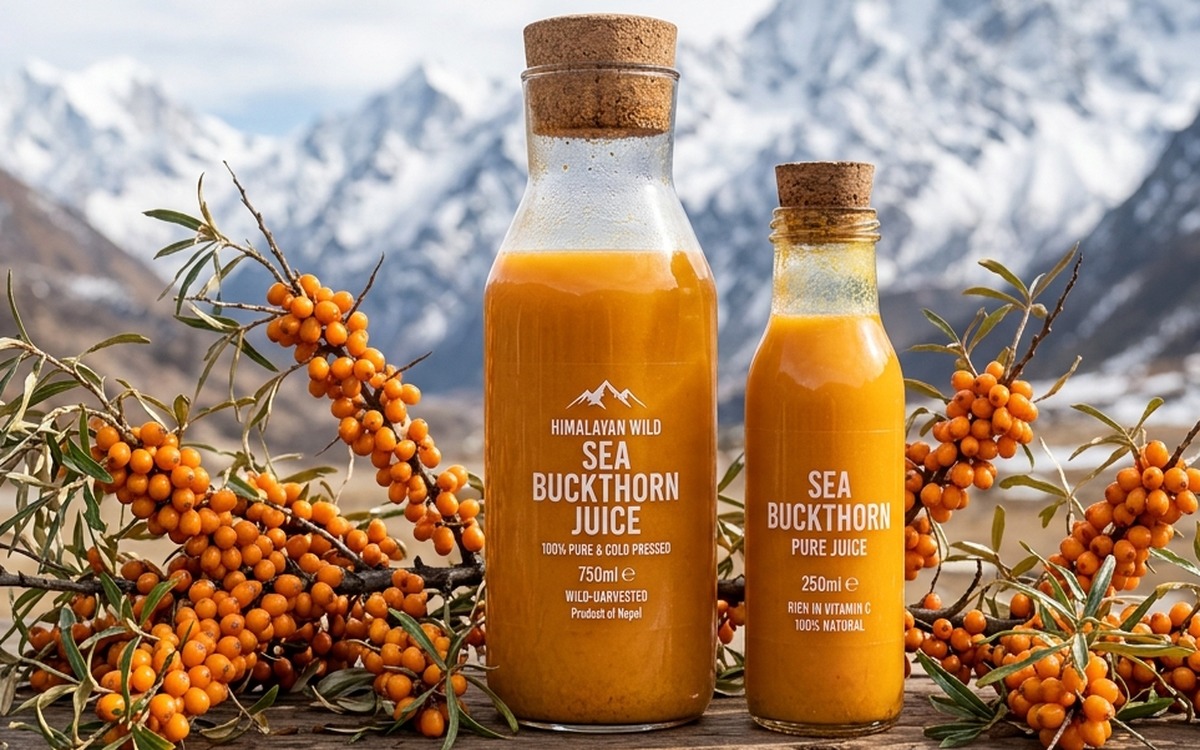 Front product bottle angle of pure Sea Buckthorn juice