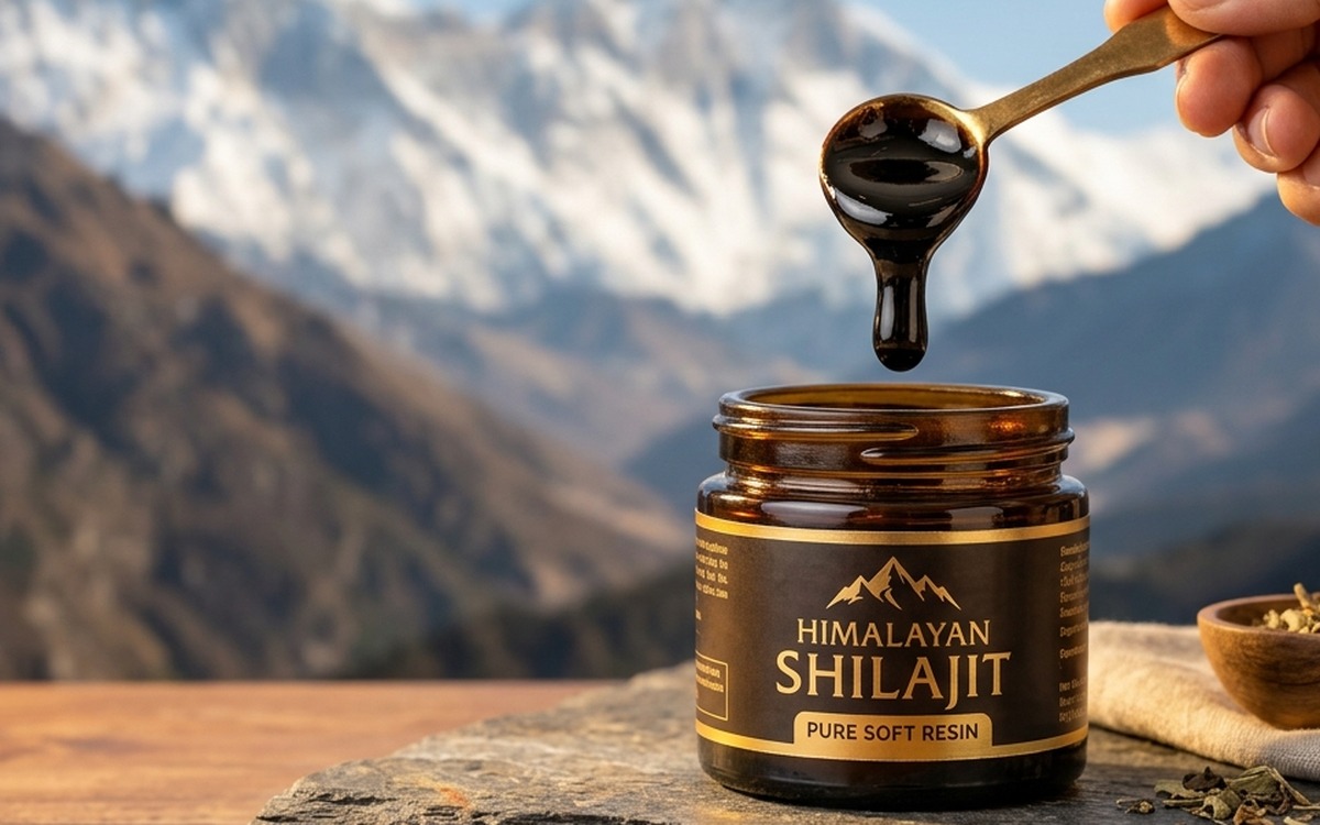 Front angle of luxury gold Shilajit jar